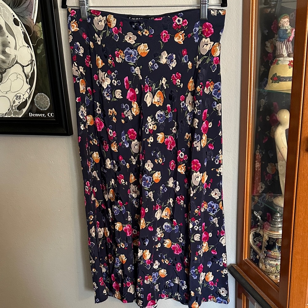 Lauren Ralph Lauren Black Label Navy Midi Skirt with Multicolor Floral Print